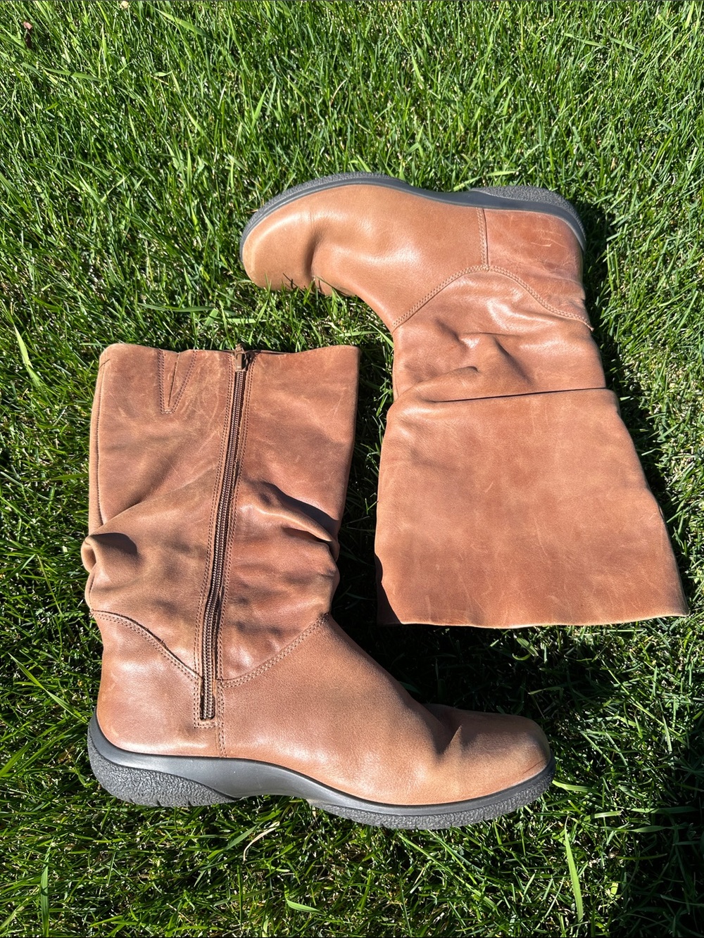 hotter Chestnut Brown Leather Mid-Calf Heeled Boots